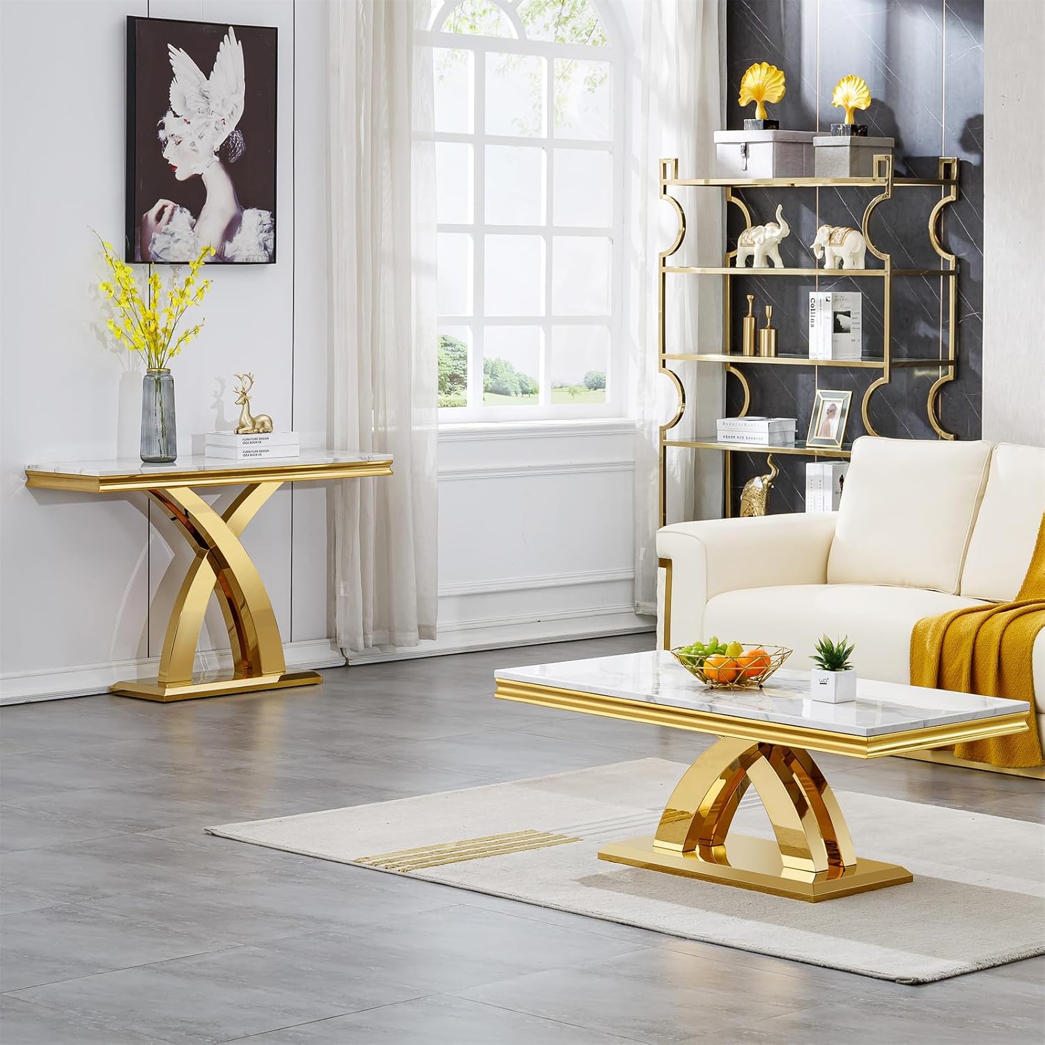 2-Piece Living Room Table Set, Faux Marble Coffee Table Set of 2 with X-Shape Stainless Steel Base, White and Gold Coffee and Console Table Set, Modern Home Living Furniture