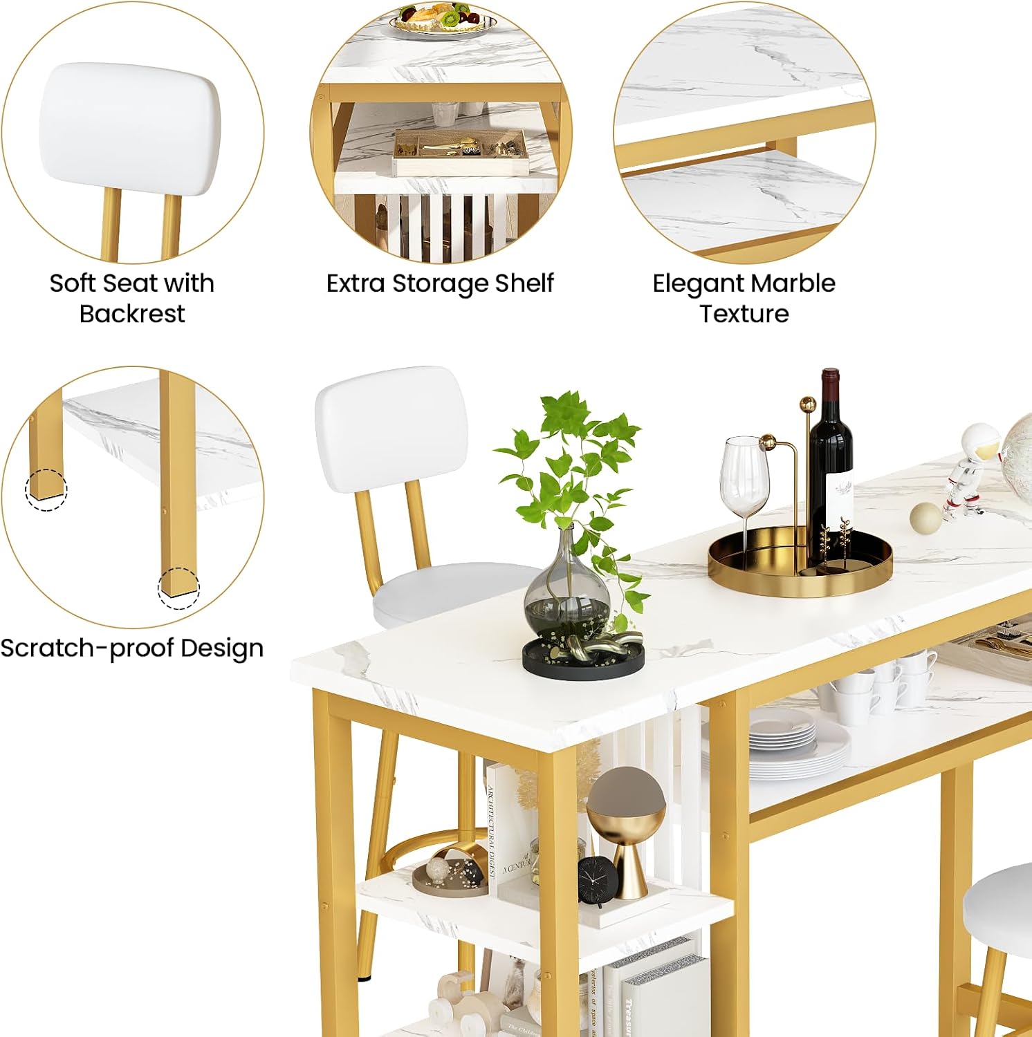 AWQM 3-Piece Bar Table and Chairs Set, Modern White Faux Marble Table with 2 PU Cushion Bar Stools, Kitchen Counter with 3 Tier Storage Shelves, Space Saving Table for Home & Kitchen, White & Gold