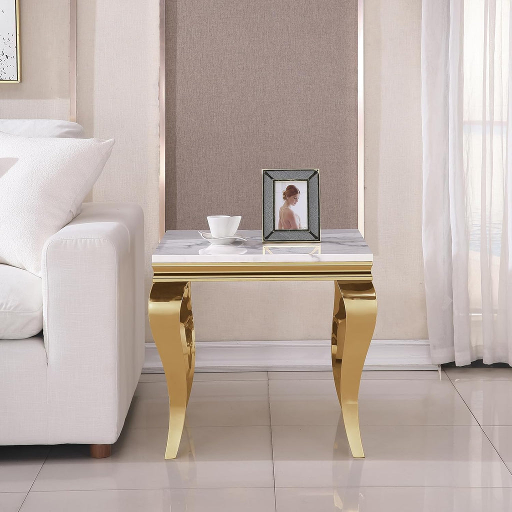 Luxury Marble End Table Modern White Suqare Side Table with Gold Stainless Steel S-Legs, Faux Marble End Table Nightstand Bedside Table Lamp Table for Living Room, Bedroom, Home Office