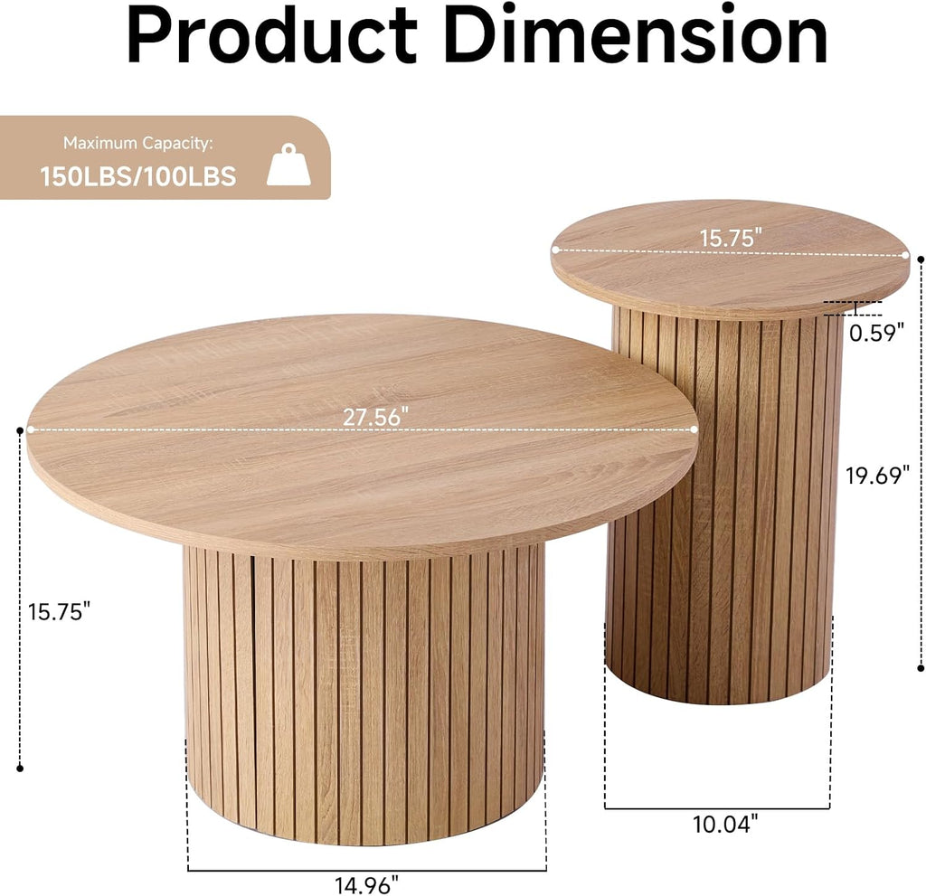 Round Coffee Tables Set of 2, Circle Modern Small Wood Side Table with Fluted Style Drum Base for Living Room Bedroom Balcony Office, Natural