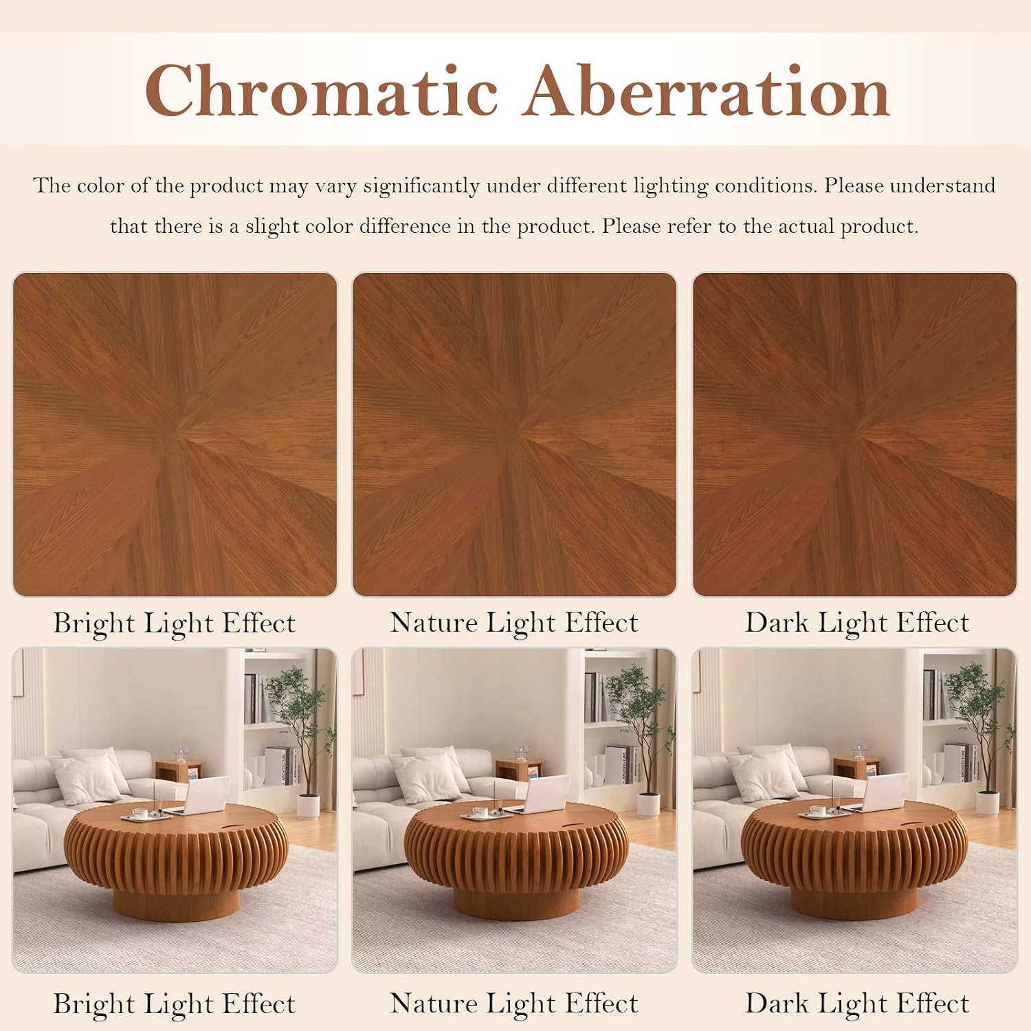 39.37' Round Fluted Coffee Table with Storage Unique Contemporary Wood Low Circle Drum Tea Tables - Sturdy Pedestal for Small Space (J Brown 39.37in)