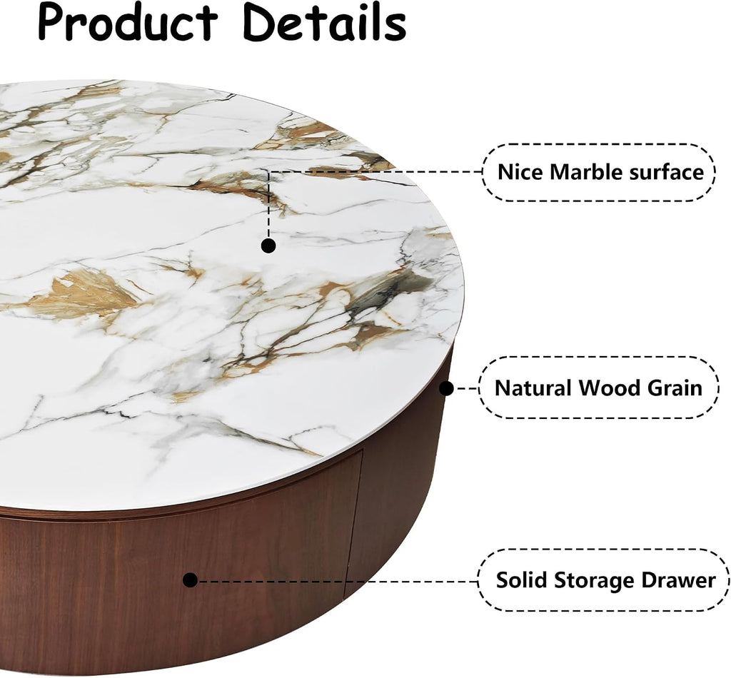 35' Round Coffee Table with Storage,Faux Marble Coffee Table with Drawers and Sintered Stone Top,Circle Coffee Table,Modern Center Tables for Living Room(Walnu,White)