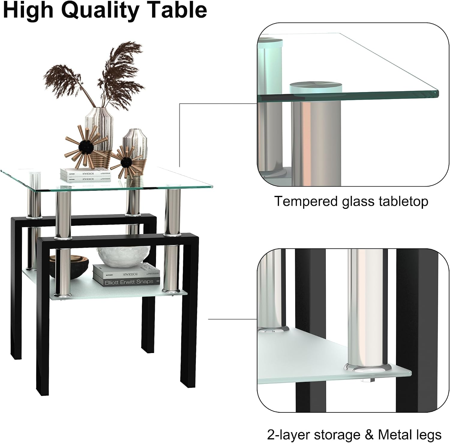 Glass Coffee Table Sets of 3 for Living Room, Mordern End Table Sofa Side Tables with Storage, Black Metal Leg, Rectangle Tempered Center Table Home Furniture Set (Clear)