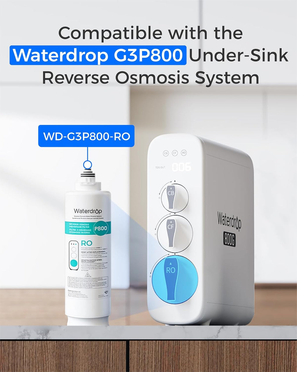 Waterdrop G3P800-RO Filter, Replacement for Waterdrop G3P800 Tankless Reverse Osmosis Water Filter, Reduce PFAS, 2-year Lifetime