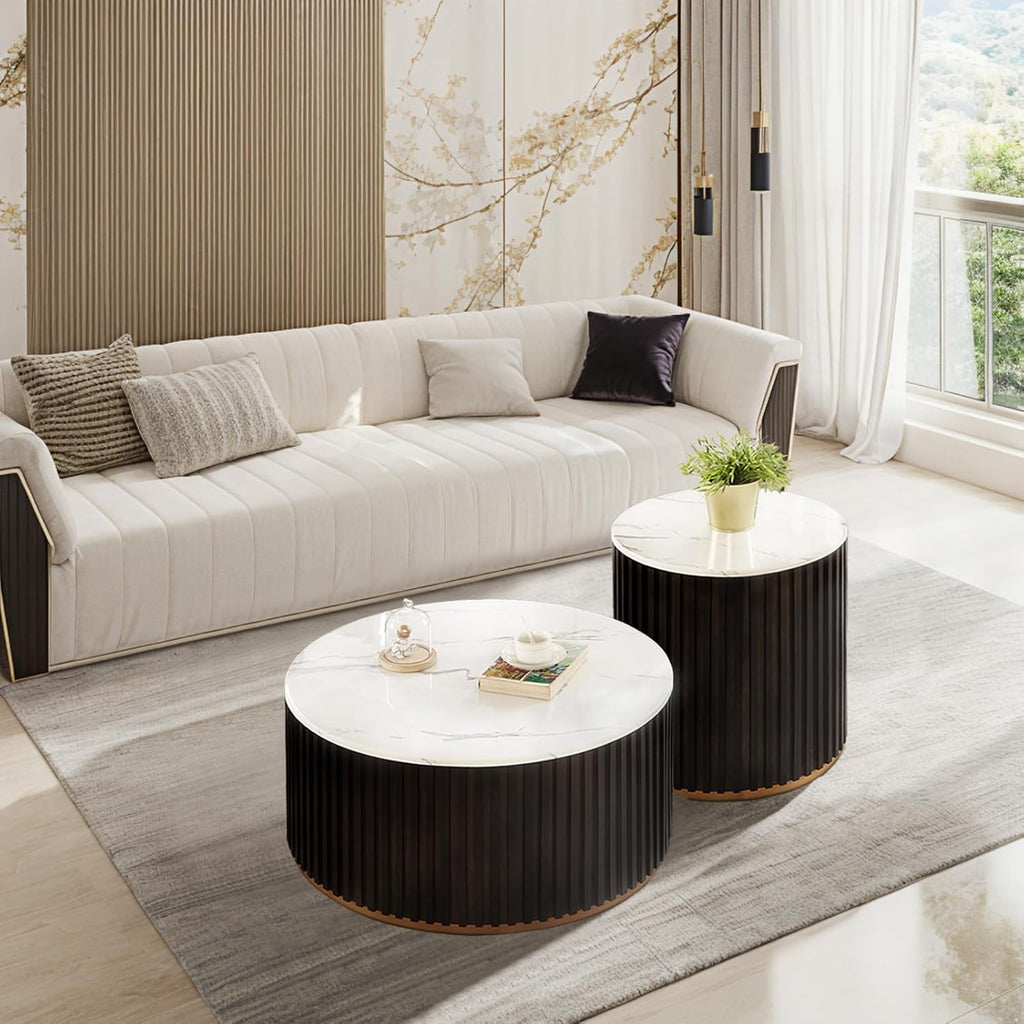 Round Wood Coffee Table Set of 2 with Marble Lid ＆ Hidden Storage, Handcraft Drum Side Table, Modern Circle Wooden End Table Set for Living Room, No Need Assembly(Black Brown,31x31x16 in)