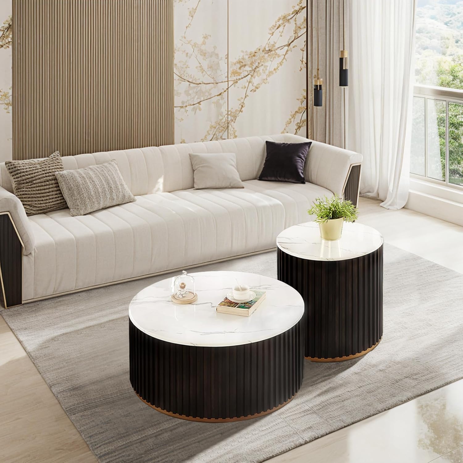 Round Wood Coffee Table Set of 2 with Marble Lid ＆ Hidden Storage, Handcraft Drum Side Table, Modern Circle Wooden End Table Set for Living Room, No Need Assembly(Black Brown,31x31x16 in)