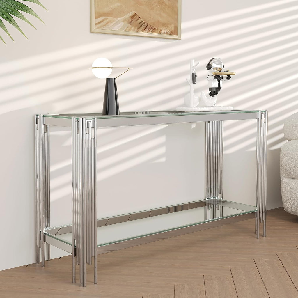 2-Tier Glass Console Table, Rectangle Console Table with Storage, Entryway Table with Stainless Steel Base, Rectangular Narrow Tables Sofa Table for Living Room Hallway, Clear&Silver