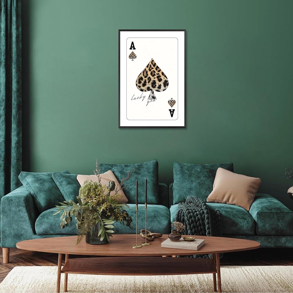 Trendy Ace Of Spades Lucky You Leopard Posters Minimalism Room Aesthetics Canvas Wall Art Funny Playing Card Prints Painting For Game Room Home Bedroom Dorm Wall Decor 24X36in Black Frame