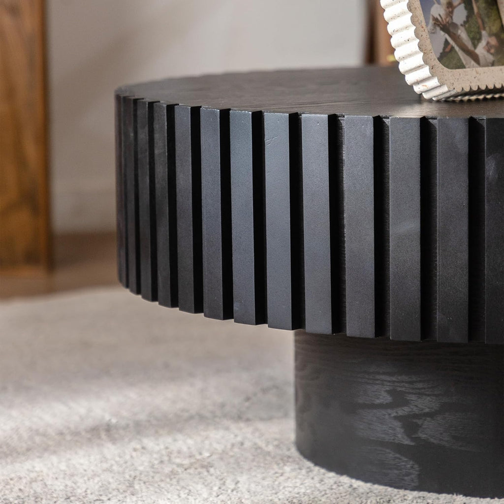 Round Fluted Coffee Table Round Drum Coffee Table for Living Room Modern Circular Pedestal Center Table (Circle Black 31.5in)