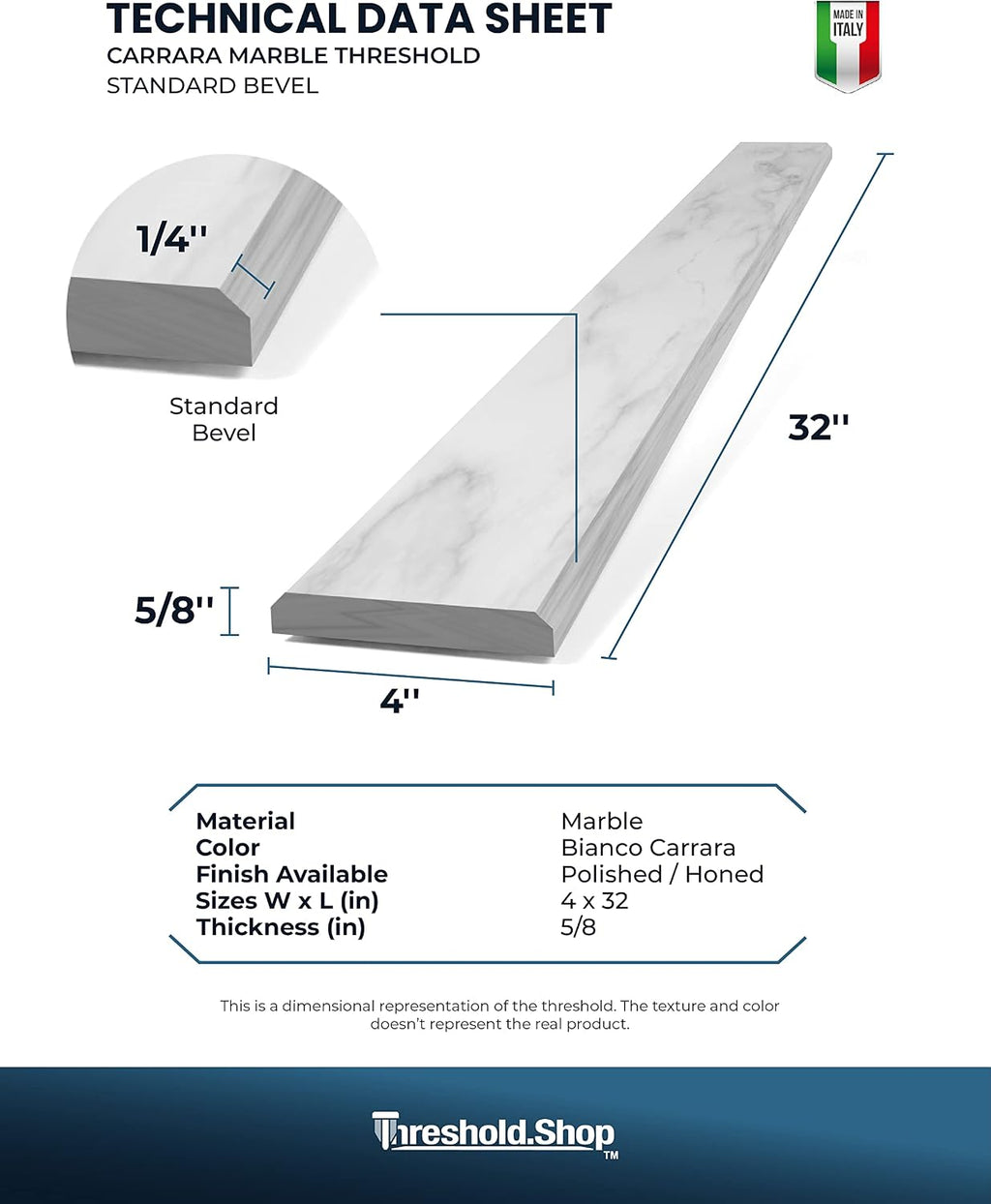 Italian White Carrara Polished Marble Threshold Double Bevel for Floor Transitions (4' x 32')