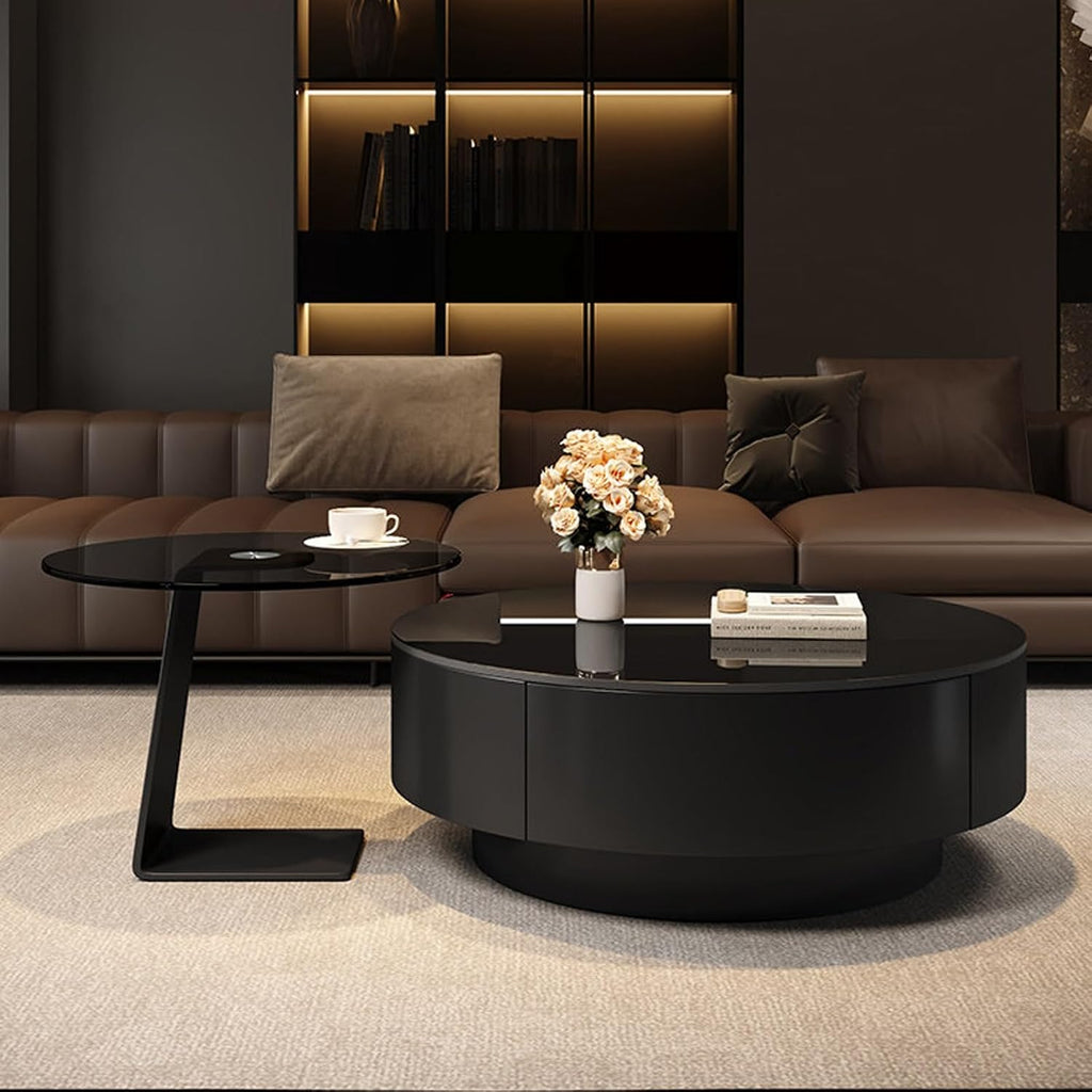 Modern Glass Coffee Circle Nesting Tables Set of 2,Coffee Tables for Living Room with Storage,Circle Drum Center Table,Apartment,Office,Minimalist Design(27.6 * 27.6 * 13')