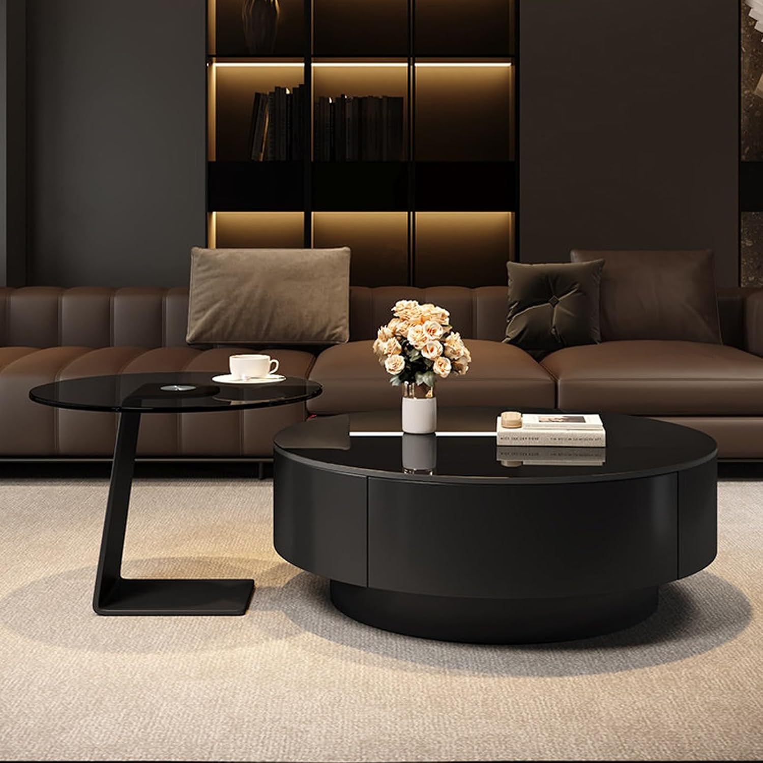 Modern Glass Coffee Circle Nesting Tables Set of 2,Coffee Tables for Living Room with Storage,Circle Drum Center Table,Apartment,Office,Minimalist Design(27.6 * 27.6 * 13')