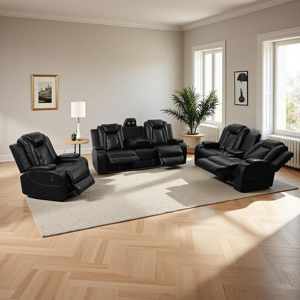 Black Leather Power Recliner Set with LED Lights, 3-Piece Recliner Sofa Loveseat Chair with Coffee Table/Storage/Charging Port, Modern Reclining Furniture for Living Room/Home Theater/Office