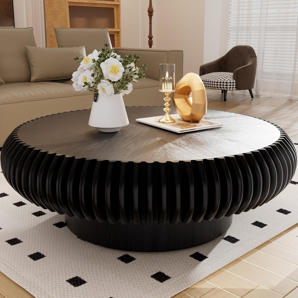Round Coffee Table for Living Room Modern Solid Wood Fluted Design Coffee Tables with Sturdy Pedestal for Small Space Circle Center Table Accent Tea Table for Apartment, Easy Assemble (Black, 39.4)
