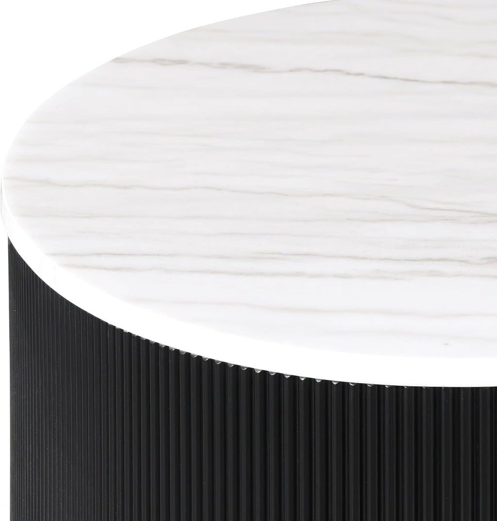Furniture of America Beryl Modern Round White Genuine Marble Top Coffee Table with Fluted Pedestal Base and Gold Stainless Steel Accent, Low Profile Table for Living Room, Home Office, Black