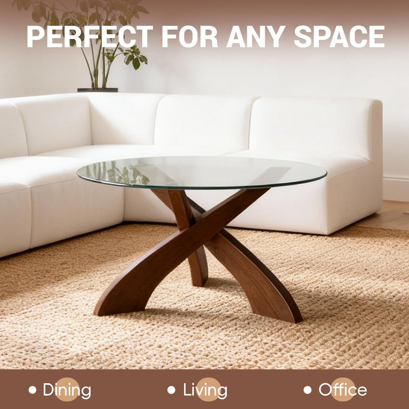 Honyee Glass Coffee Table, 30.7' Round Coffee Table with Tempered Glass Top, Walnut Wood X-Shaped Base, Stable Modern Center Table for Living Room, Apartment and Small Spaces