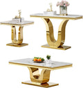 Marble Coffee Tables Set of 3, Modern White Marble Living Room Table Set with Gold Stainless Steel Base, Rectangle Coffee End Tables and Console Table Sets for Living Room Bedroom