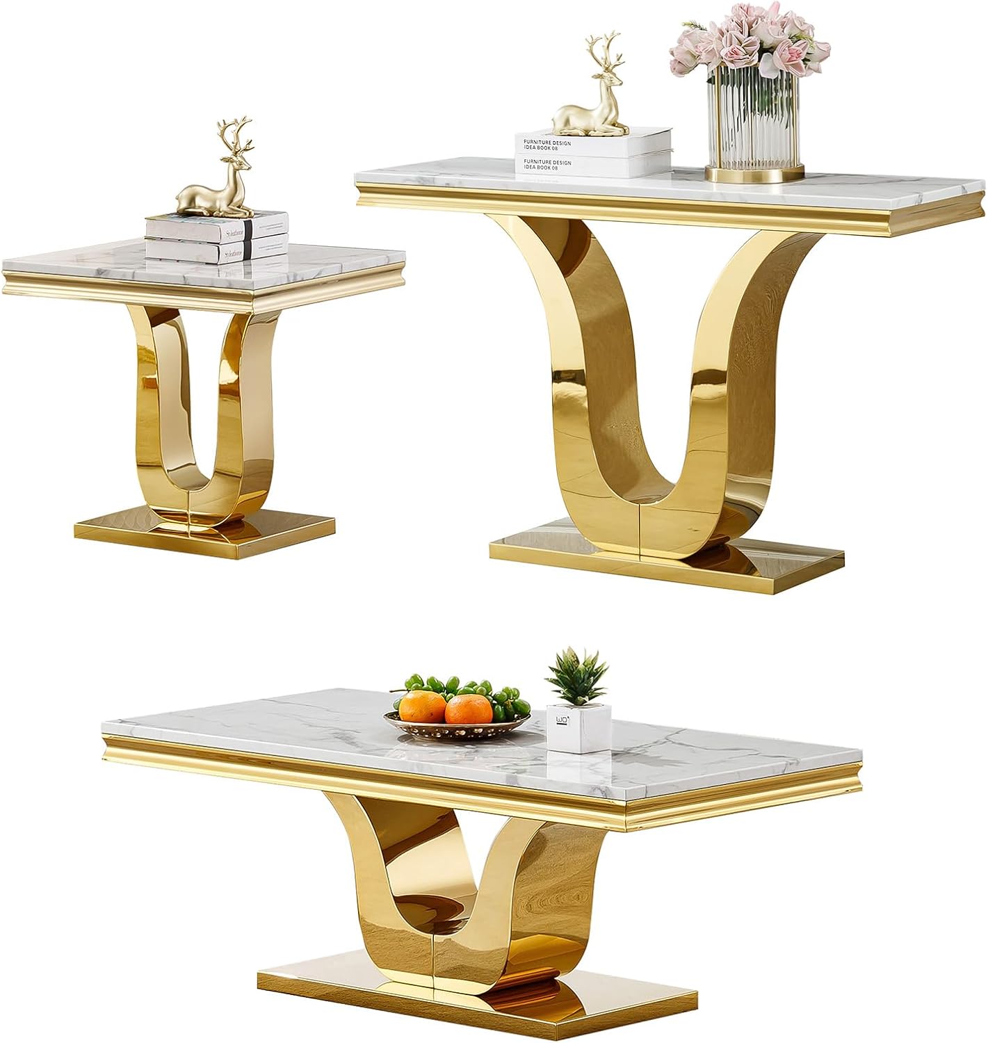 Marble Coffee Tables Set of 3, Modern White Marble Living Room Table Set with Gold Stainless Steel Base, Rectangle Coffee End Tables and Console Table Sets for Living Room Bedroom