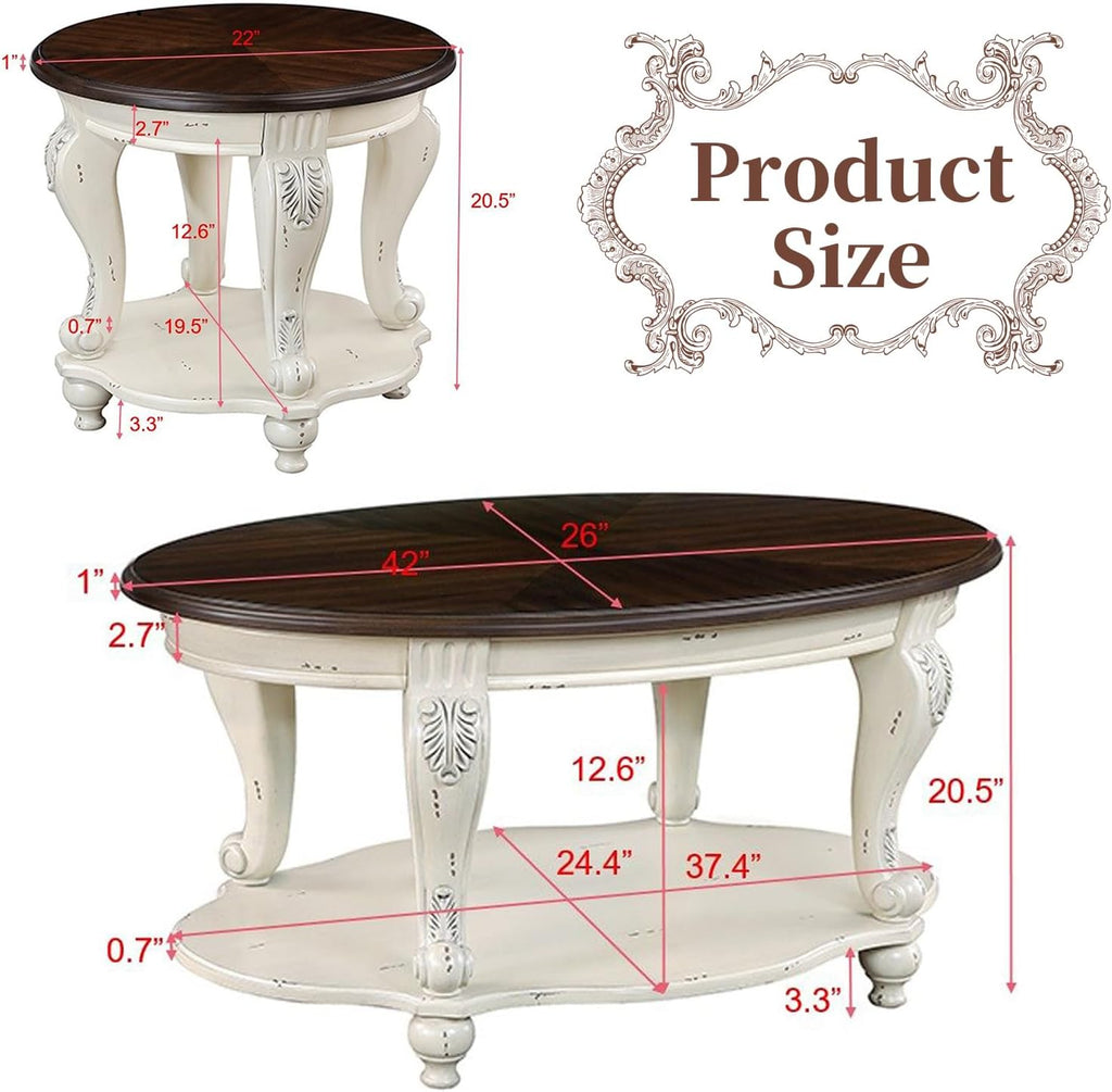LKTART Oval Coffee Tables Set of 3, Vintage Wood Coffee Table with Carved Wood Legs, Antique Living Room Table Set(Beige and Espresso Top)