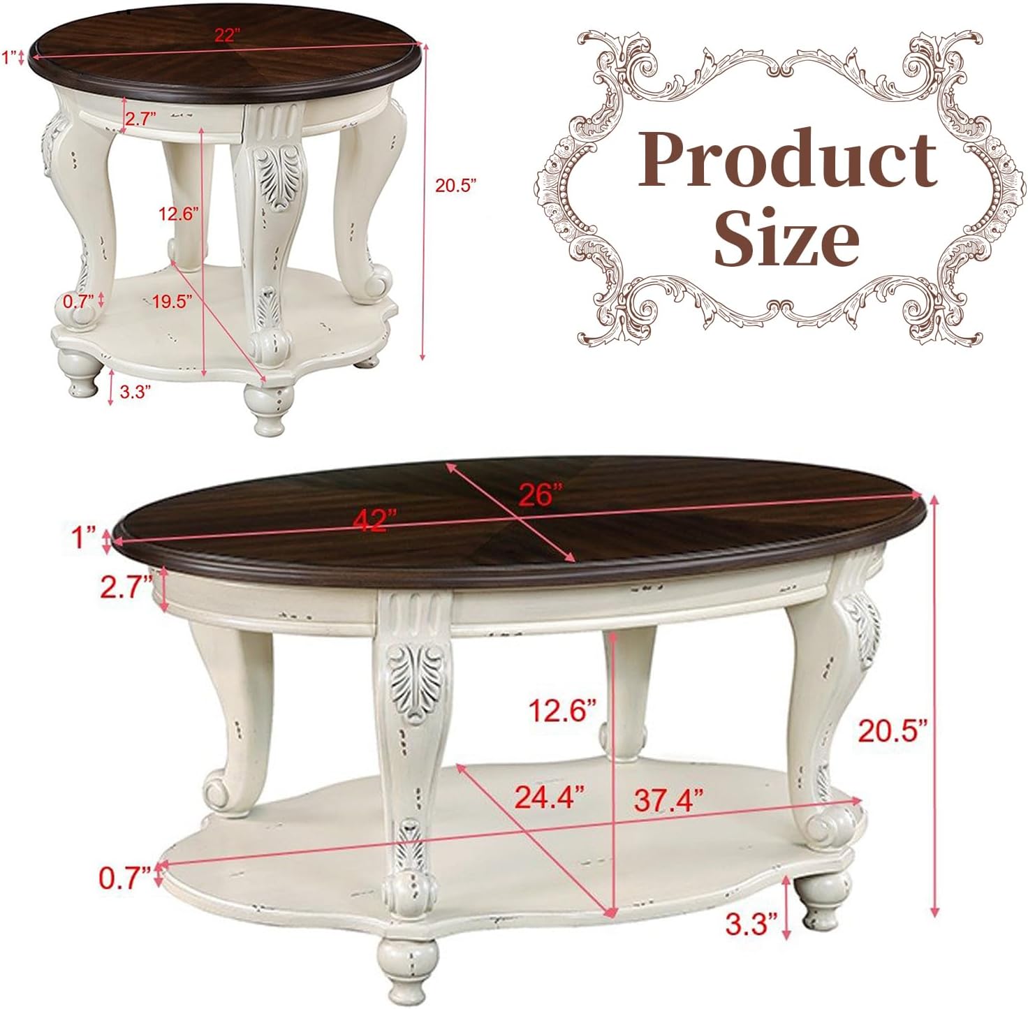 LKTART Oval Coffee Tables Set of 3, Vintage Wood Coffee Table with Carved Wood Legs, Antique Living Room Table Set(Beige and Espresso Top)