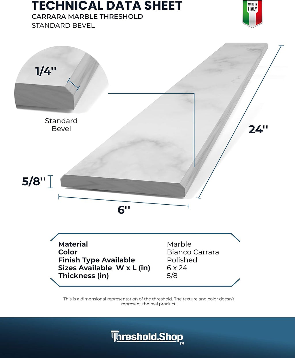 Italian White Carrara Polished Marble Threshold Double Bevel for Floor Transitions (6' x 24')