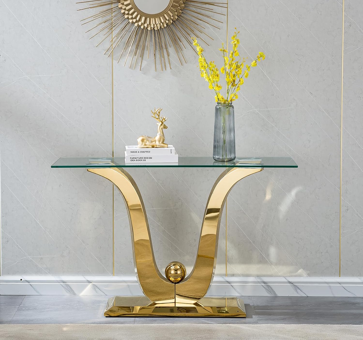 SSLine 1 Piece Living Room Console Table Luxury Glass Entryway Table, Modern Gold Console Table with Flower-Shape Stainless Steel Pedestal Base for Living Room Hallway Corridor(1 Console Table)
