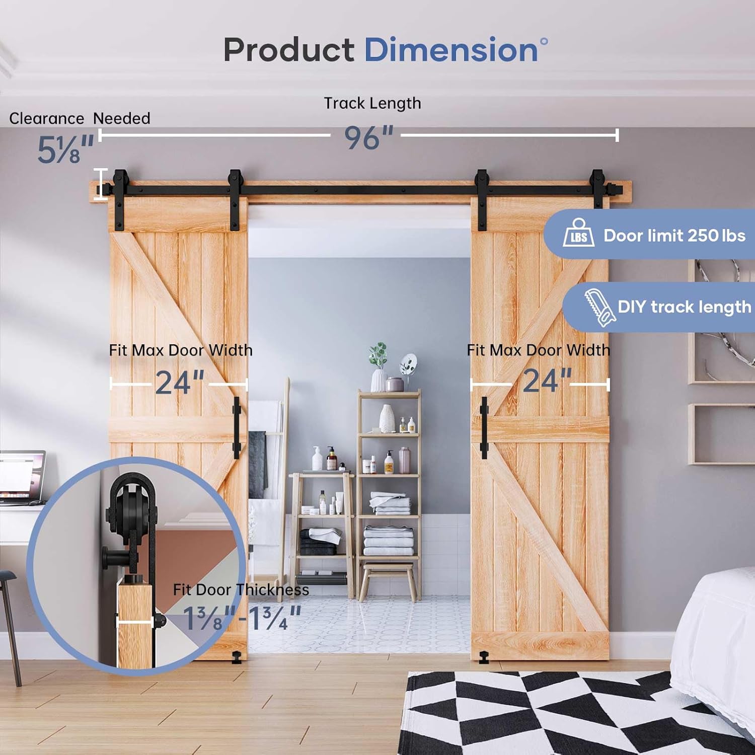 EaseLife 8 FT Double Sliding Barn Door Track and Handle Hardware Kit,Basic J Pulley,Slide Smoothly Quietly,Easy Install (8FT Track Kit for 20'~24' Wide Double Door)