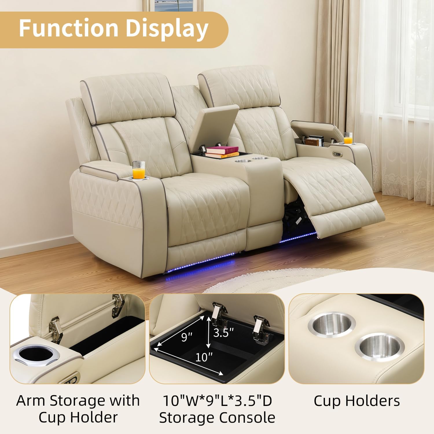 Power Recliner Sofa Set with LED Lights,Leather Reclining Couch with Coffee Table/Storage Console/Cup Holder,Reclining Living Room Set with 5 Recliner Seats for House(3 Piece Set,Paddy)