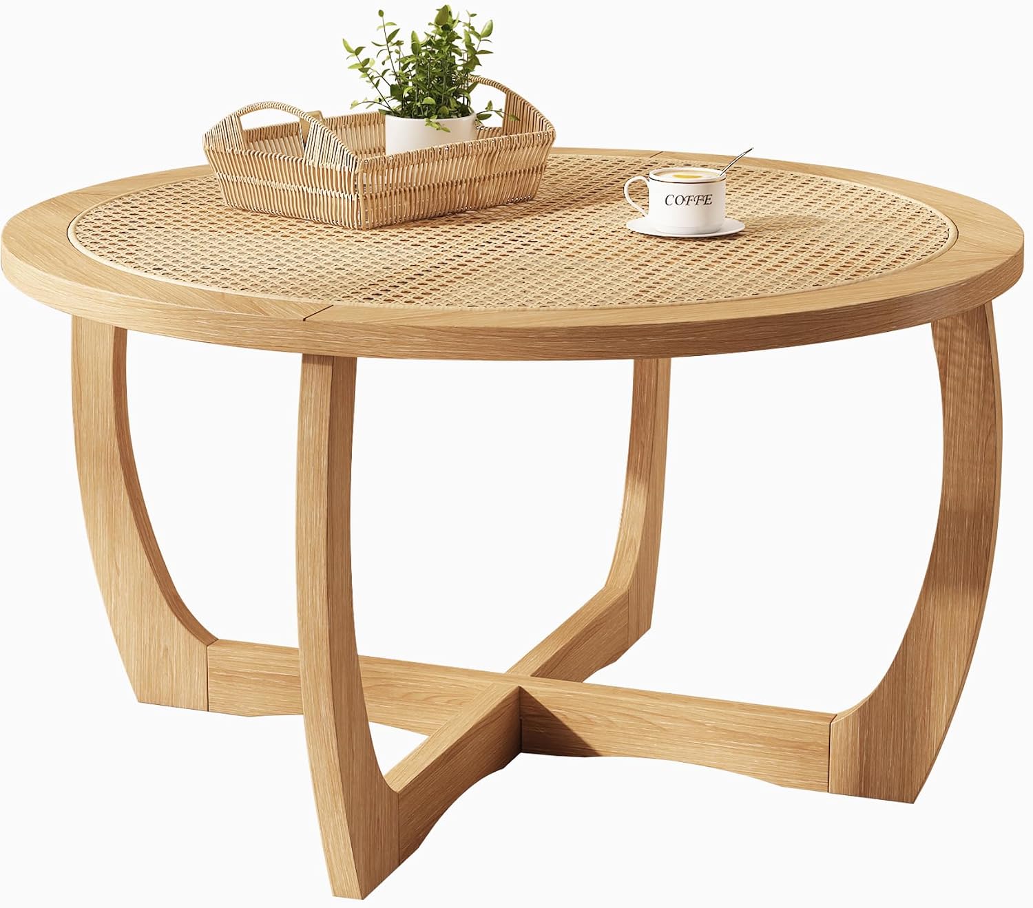 PADMA HOUSE Round Wood Coffee Table with Handmade Rattan Top, Solid Circle Wooden Center Table with Curved Legs, Farmhouse Cocktail Table for Living Room, Light Brown 32.28' x 18'