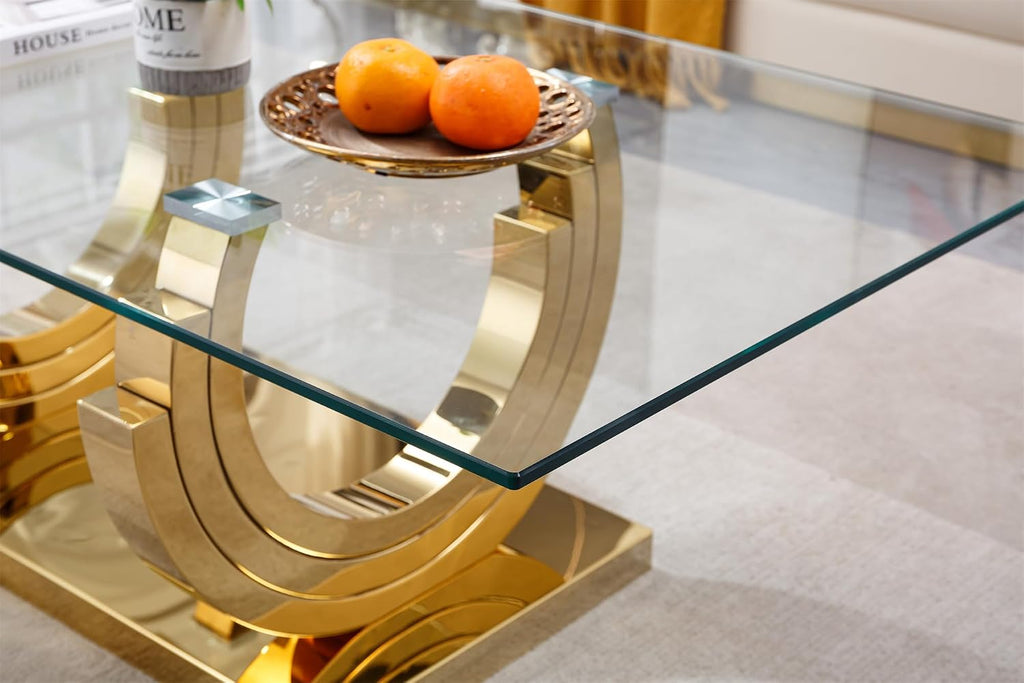 SSLine Modern 1 Piece Living Room Coffee Table Luxury Gold Glass Coffee Table with Ring-Shape Stainless Steel Base for Living Room Bedroom Office (1 Coffee Table)