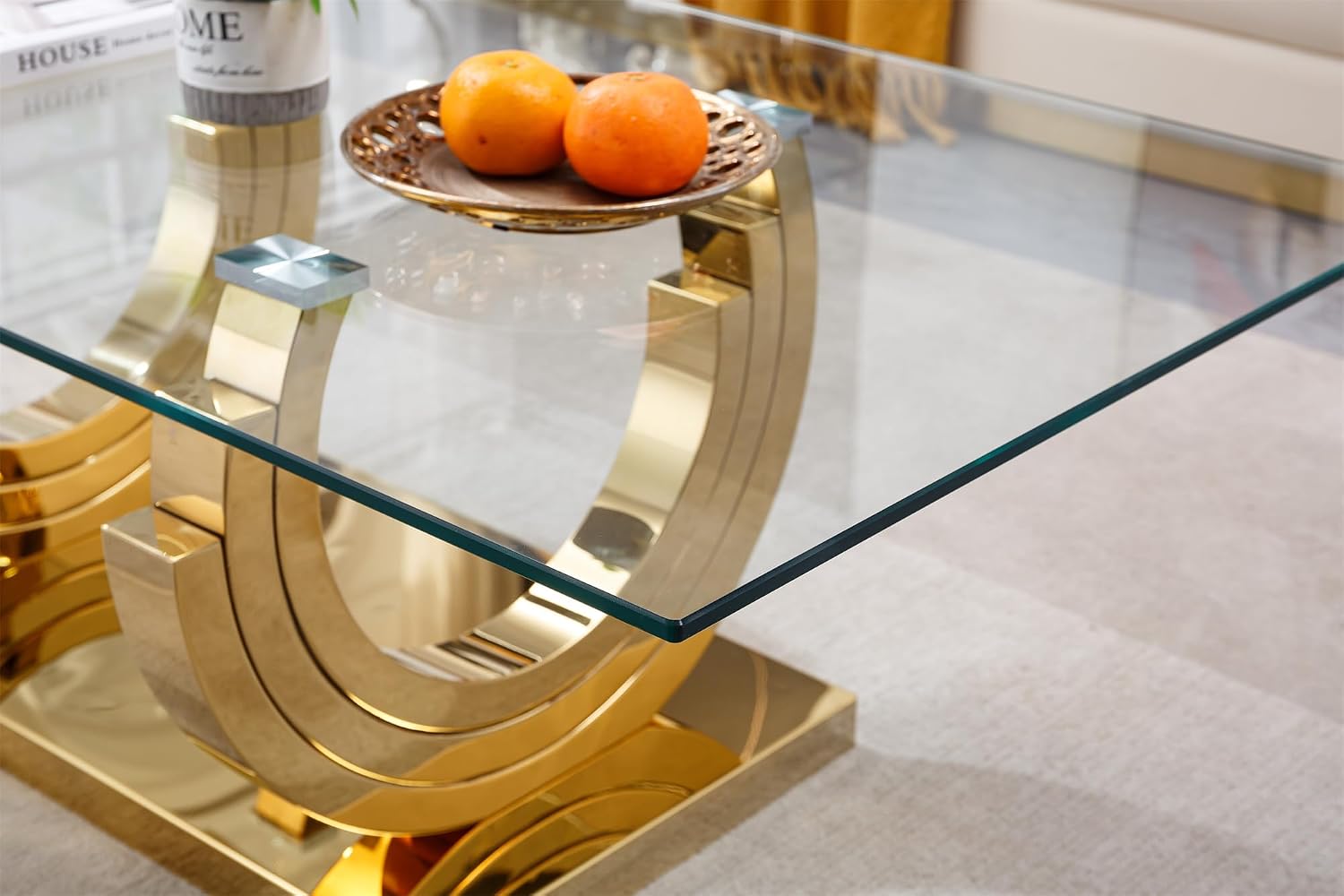 SSLine Modern 1 Piece Living Room Coffee Table Luxury Gold Glass Coffee Table with Ring-Shape Stainless Steel Base for Living Room Bedroom Office (1 Coffee Table)