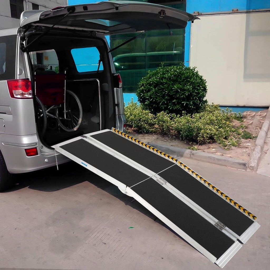 7 Feet Portable Wheelchair Ramp 600LBS Capacity, Portable Aluminum Mobility Ramp with Non-Skid Surface, Transition Plate, Reflective Strips,Lightweight, Compact, Side Loading Access