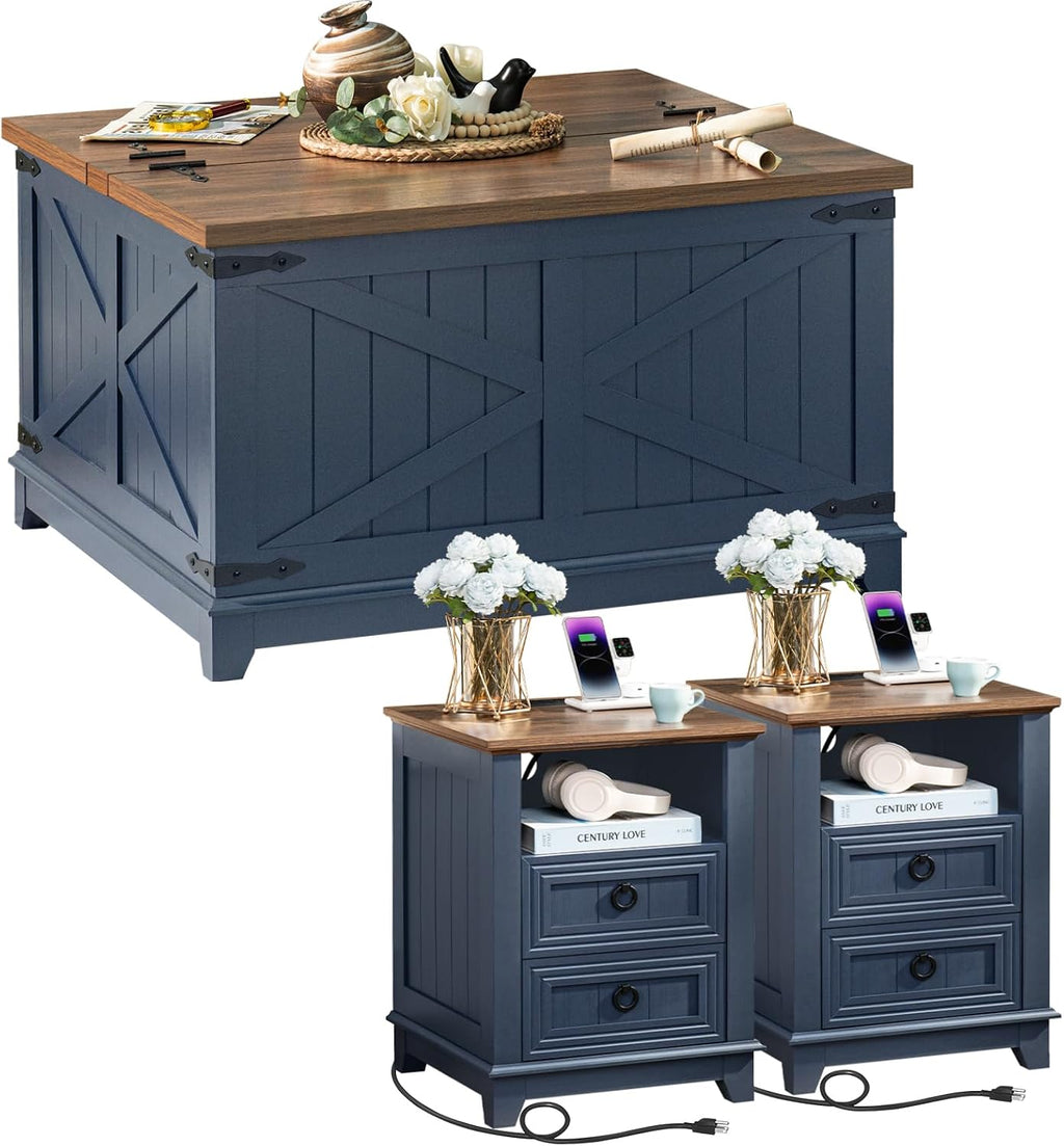 Farmhouse Coffee Table Set of 3, Furniture Set with Charging Station, Coffee Table with Hidden Storage Organizer and Nightsand 3-piece set, Country Center Table Set for Living Room,Office, Home, Blue