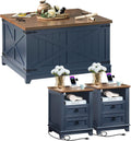 Farmhouse Coffee Table Set of 3, Furniture Set with Charging Station, Coffee Table with Hidden Storage Organizer and Nightsand 3-piece set, Country Center Table Set for Living Room,Office, Home, Blue