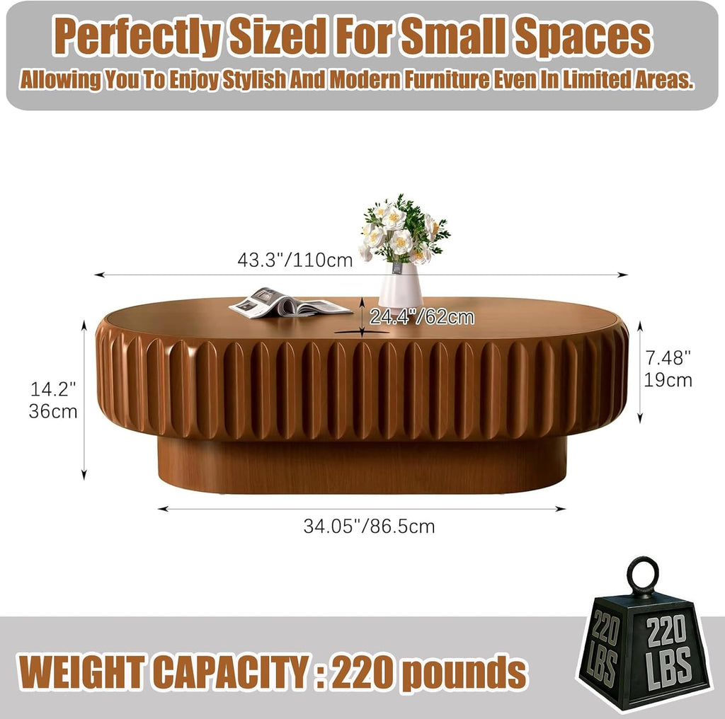 43.3' Oval Drum Coffee Table with Hidden Storage, Modern Fluted Coffee Tables with Solid Wood Veneer, Wooden Center Table for Living Room, Bedroom, Apartment, Easy Assembly