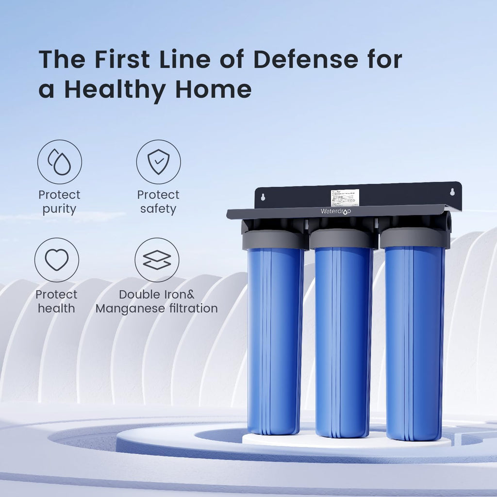Waterdrop WHF3T-FG 3-Stage Whole House Water Filter System, Reduces Iron & Manganese, Lead, Chlorine, Odor, 7-Stage Filtration, with Carbon Filter & Sediment Filter, 5 Micron, 1' Inlet/Outlet