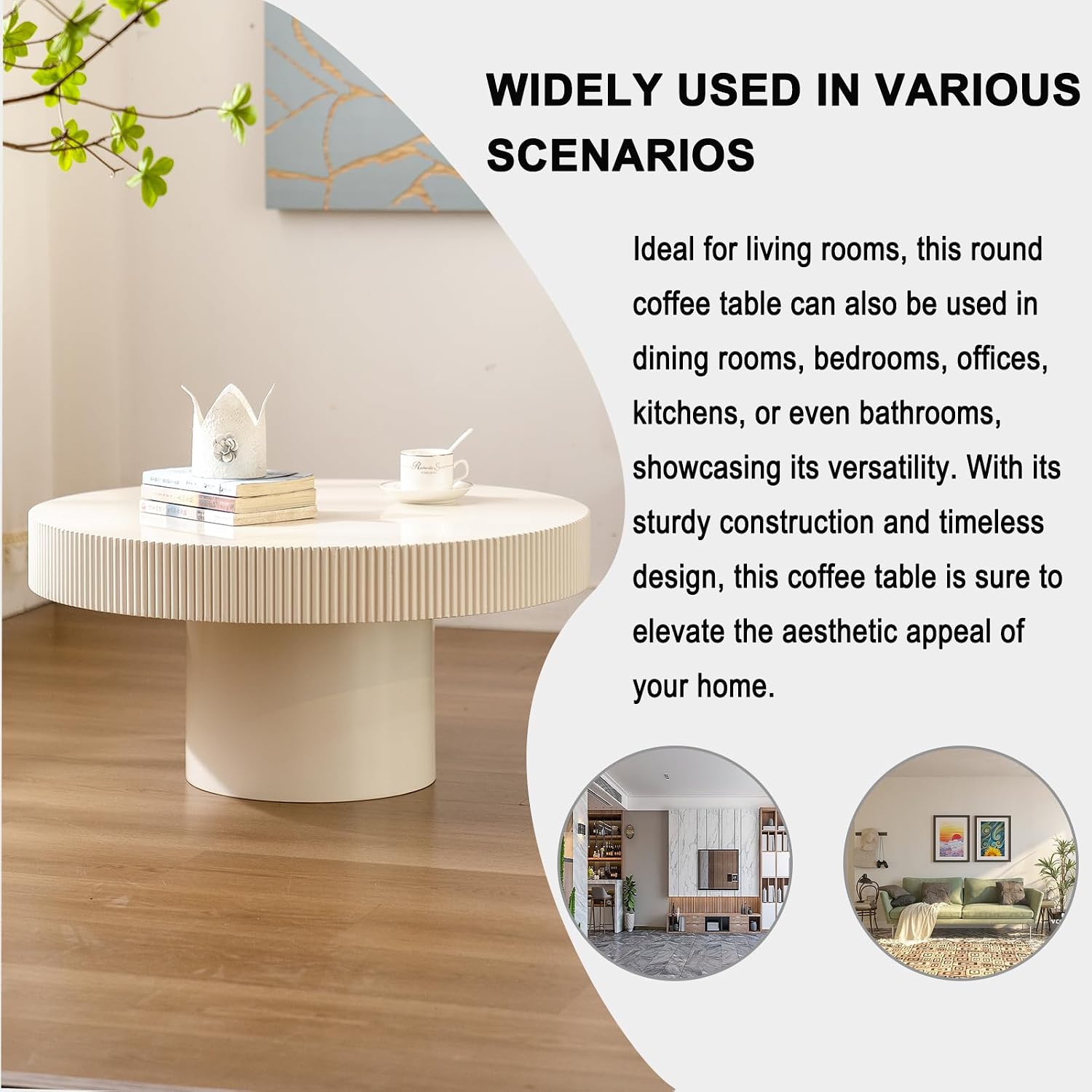 Round Coffee Table, Handcrafted Fluted Drum Coffee Tables Modern Wood Coffee Table Circle Drum Center Table for Living Room, Apartment (White Thin)