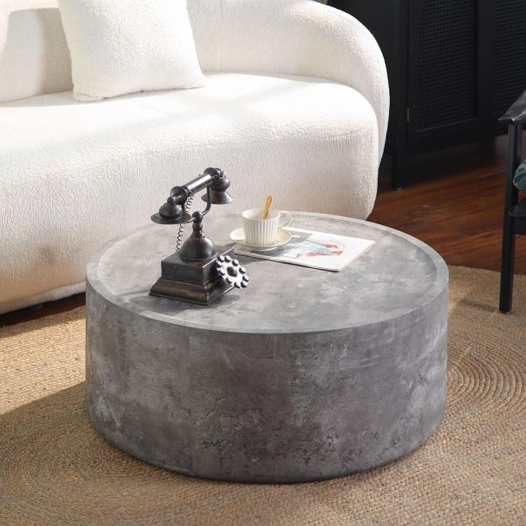 Modern Drum Coffee Table Faux Stone Finish Wood Coffee Tables Concrete Gray Round Center Table for Living Room Home Office,39.3'- Fully Assembled