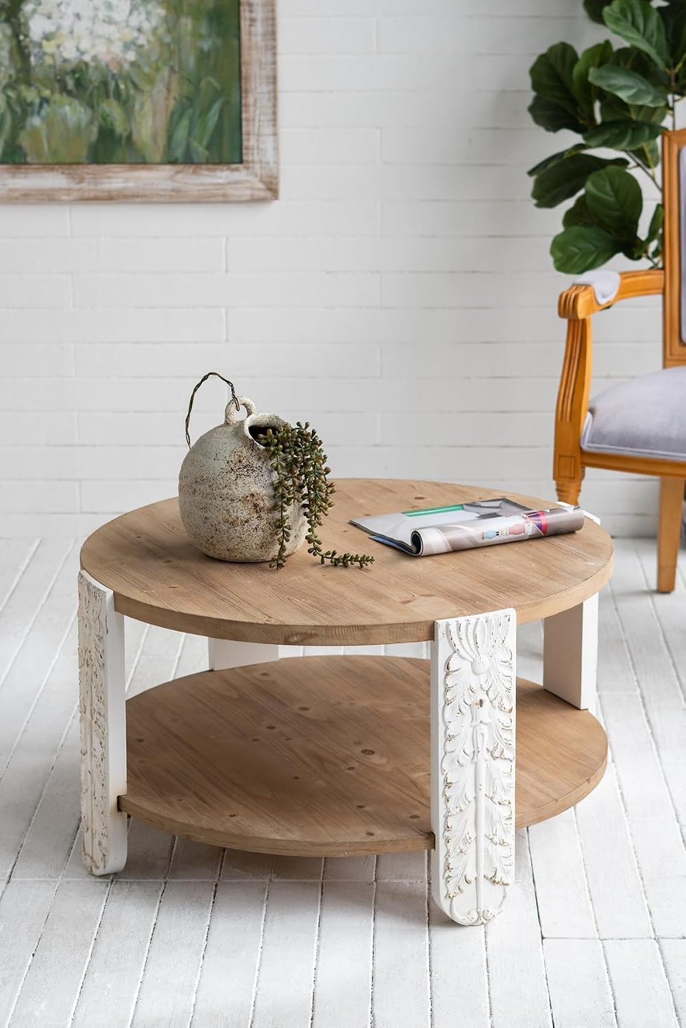 31.5'' Round Wood Coffee Table 2-Tier Circle Craft Rustic Coffee Table for Living Room, Modern Retro Farmhouse Style, Carved Leg & Easy Assembly, Brown & White
