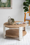 31.5'' Round Wood Coffee Table 2-Tier Circle Craft Rustic Coffee Table for Living Room, Modern Retro Farmhouse Style, Carved Leg & Easy Assembly, Brown & White