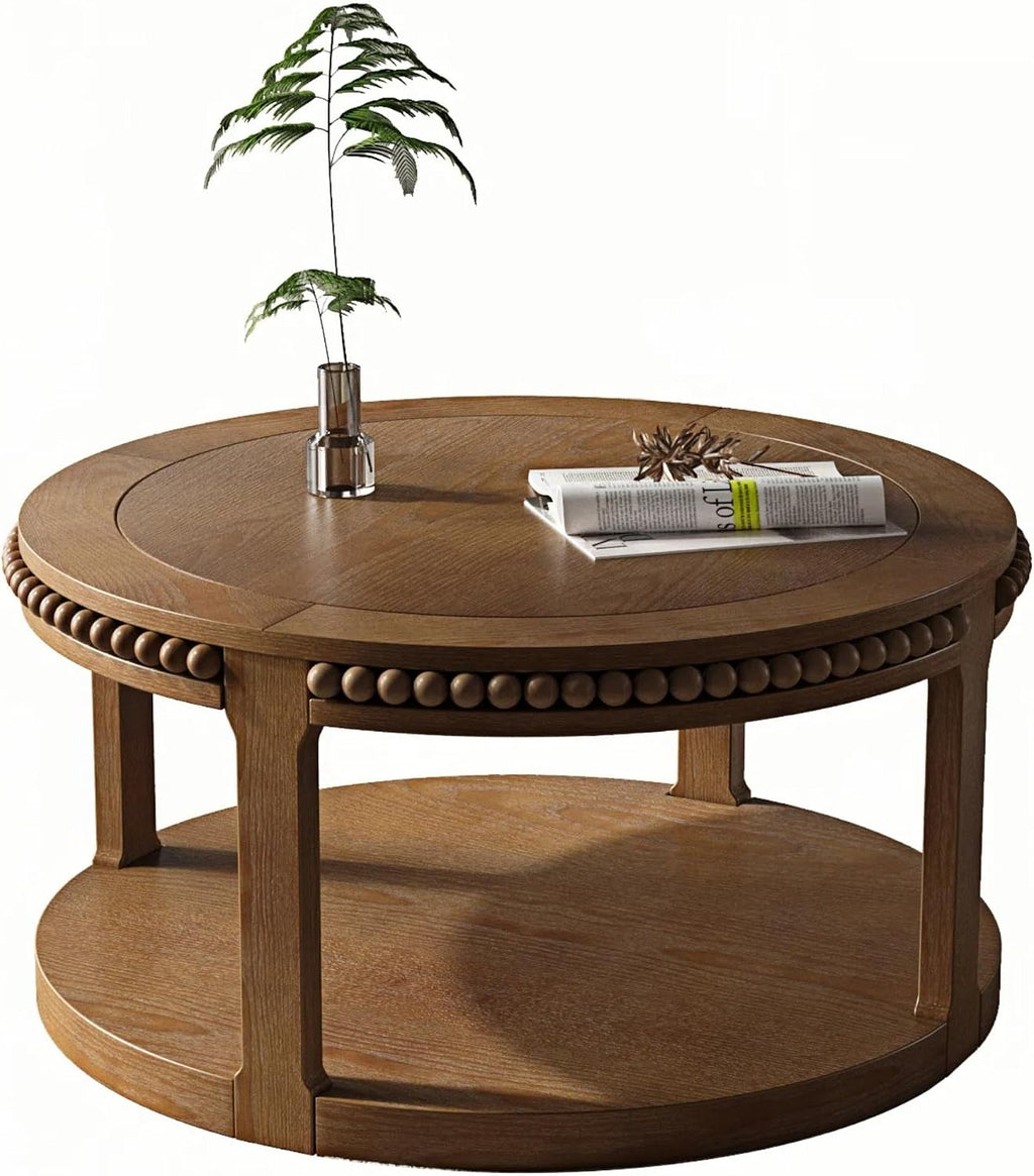 31.5'' Round Coffee Table, 2-Tier Modern Rustic Wood Circle Coffee Table for Living Room, Easy Assembly, Walnut