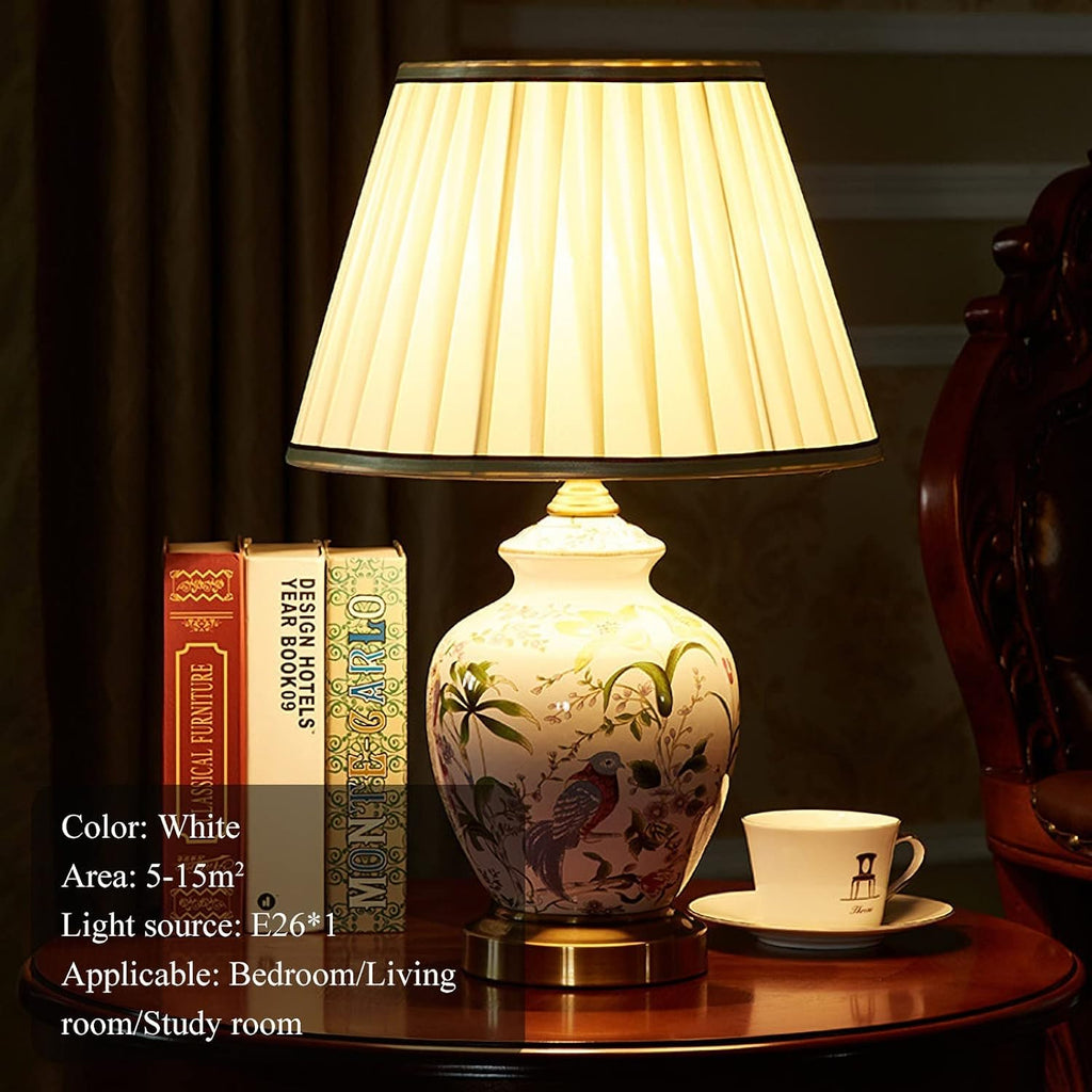 Chinoiserie Ceramic Table Lamp, American Flower&Bird LED Bedside Lamp, Classic White Fabric Lampshade Desk Nightstand Lamp for Bedroom Living Room Office College Bookcase