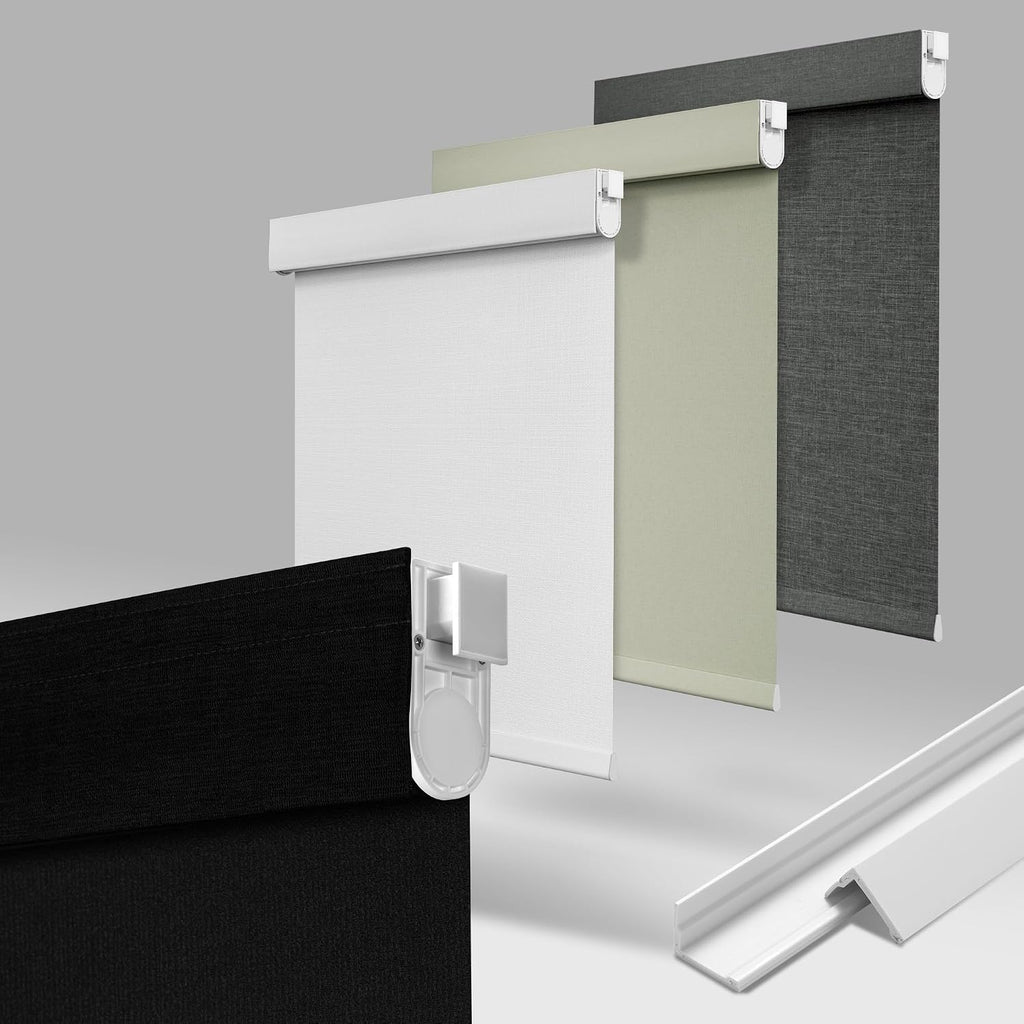 No Drill No Tools Blackout Roller Shades for Windows, Cordless Blinds with Linen Fabric-Matched, Custom Roller Blinds for Home Office Door, Black, 63.5' W x 56' H