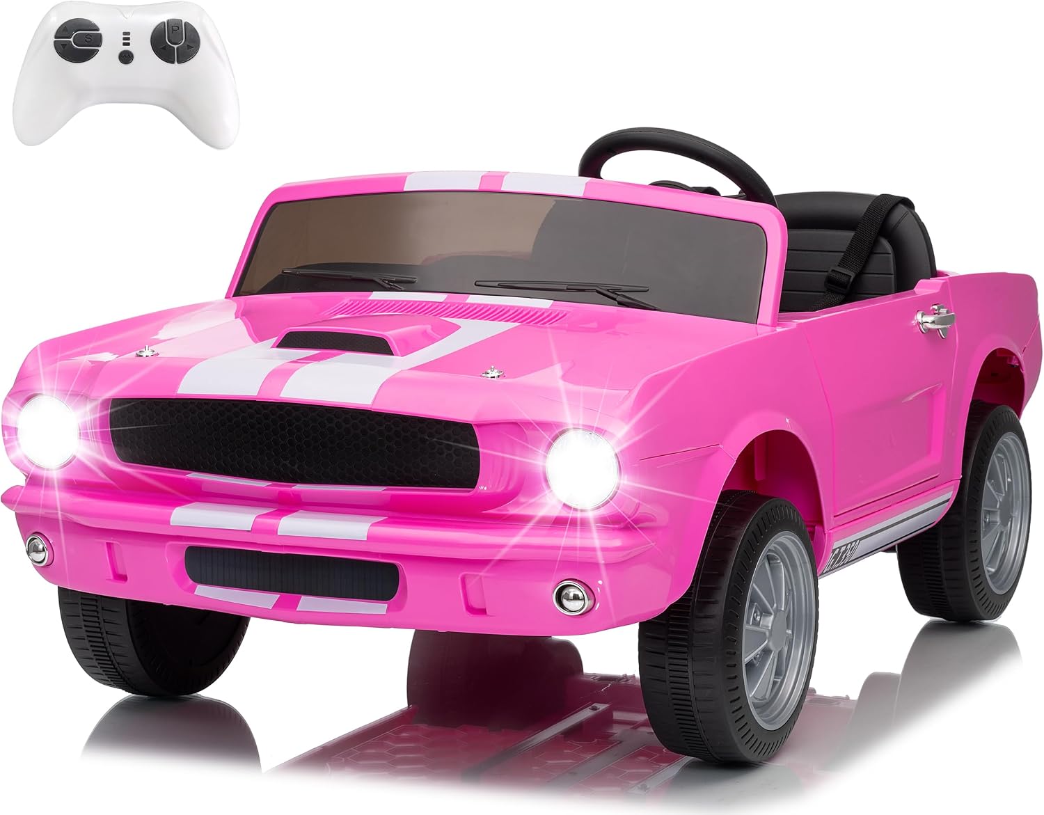 Wanan 24V Licensed Shelby Electric Car for Kids, Ride On Toy with Remote Control, Bluetooth Music, Adjustable 3 Speed, Multiple Panel, LED Lights, Shock Absorbers, Safety Belt (24V, Pink)