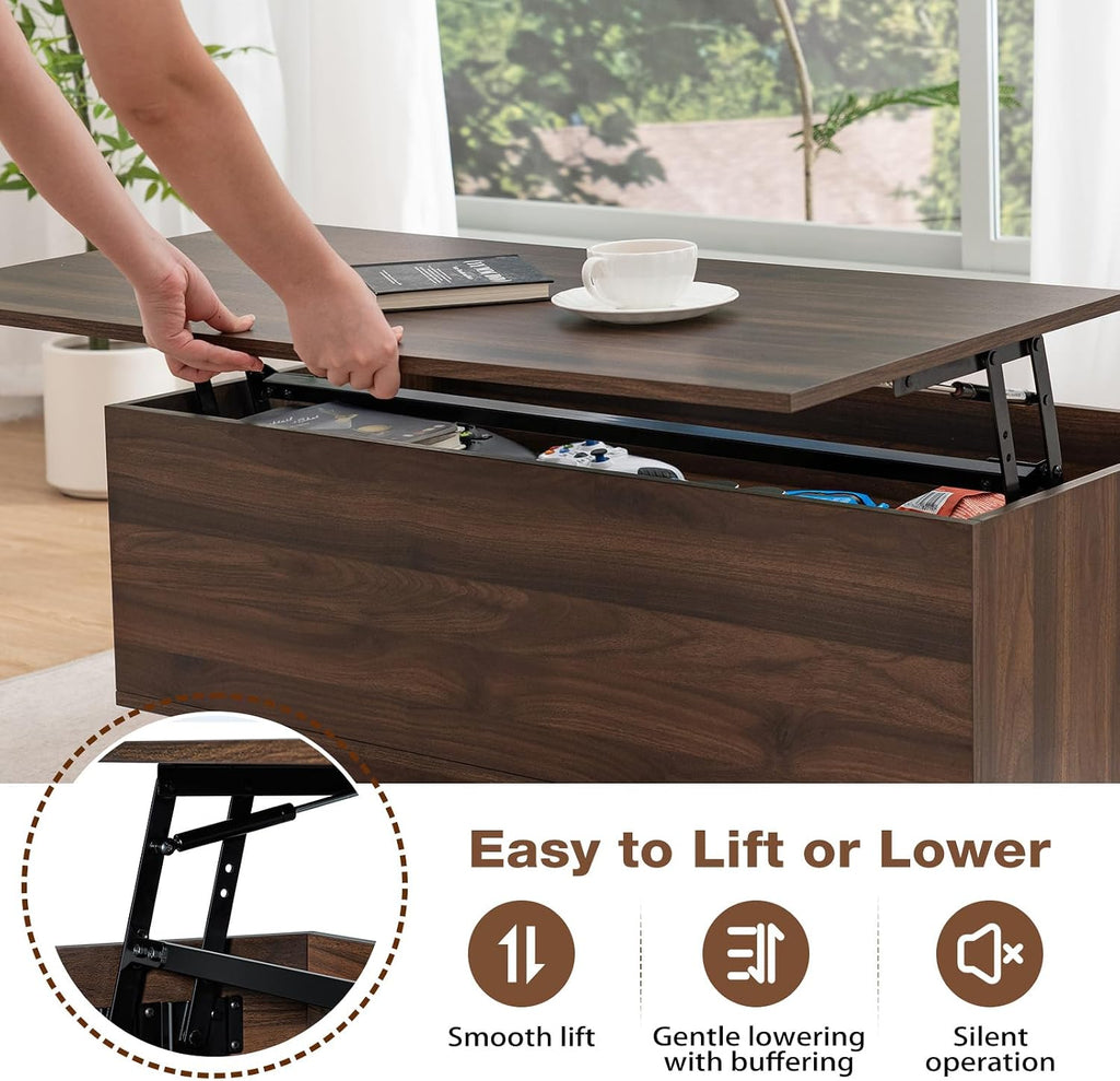 HOMMPA Modern Lift Top Coffee Table with Storage for Living Room, LED Coffee Table, Wooden Lift Table Top Dining Table with 2 Drawers Hidden Compartment & Metal Frame, Walnut