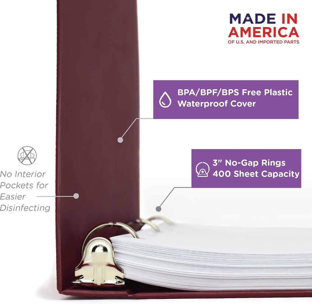 Carstens 3-Inch Heavy Duty Round Ring Binder for Medication Administration Records – Side Opening, Wine, Case of 14, Durable Plastic, No Pockets, Holds 400 Letter Sheets, Made in USA (1791-3RCS)