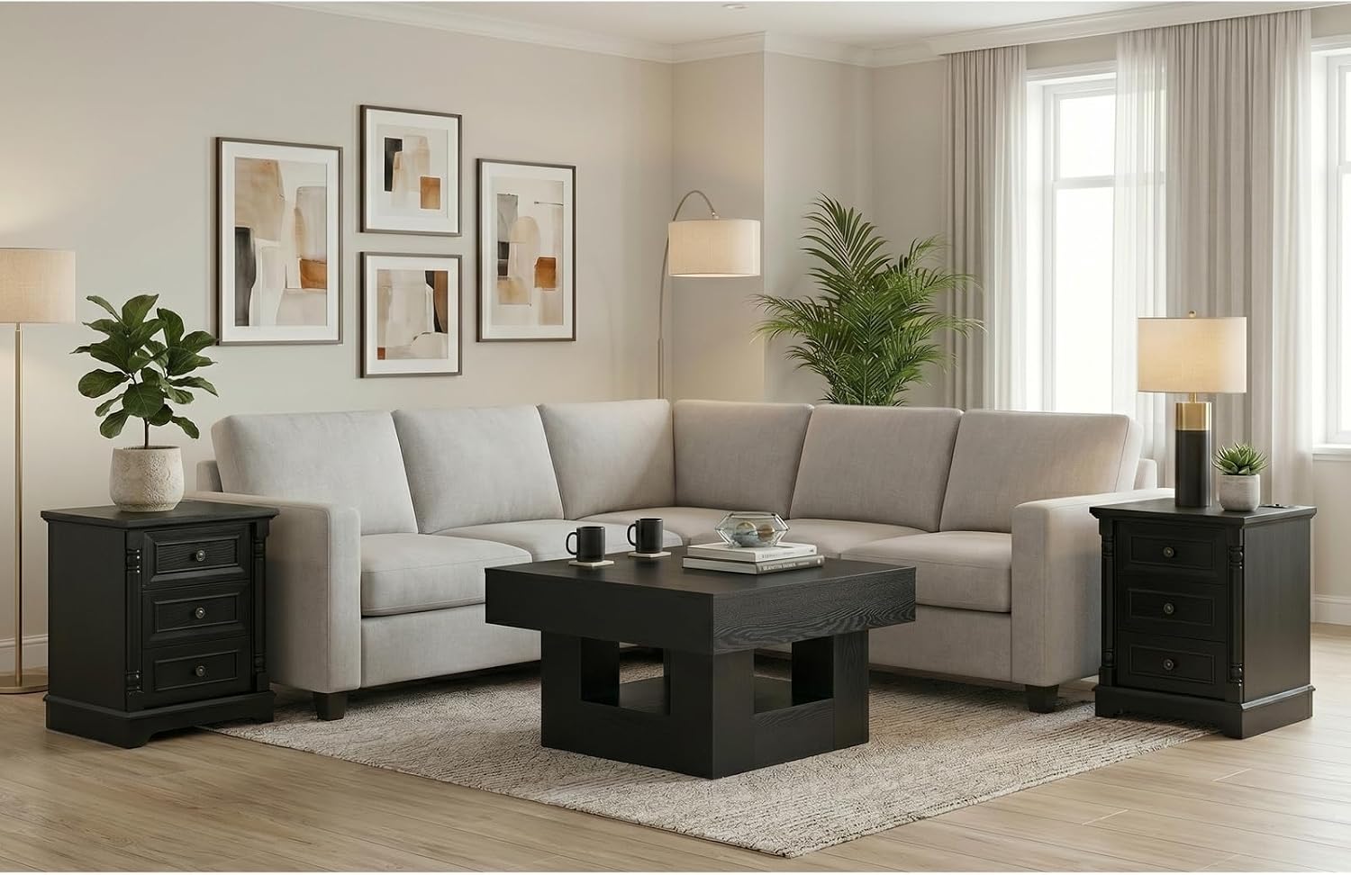 OKYCI Modern Coffee Table and End Table Set of 3 for Living Room, Includes 31.5' Coffee Table & 2 Side Table with 3 Drawers & Charging Station, Black