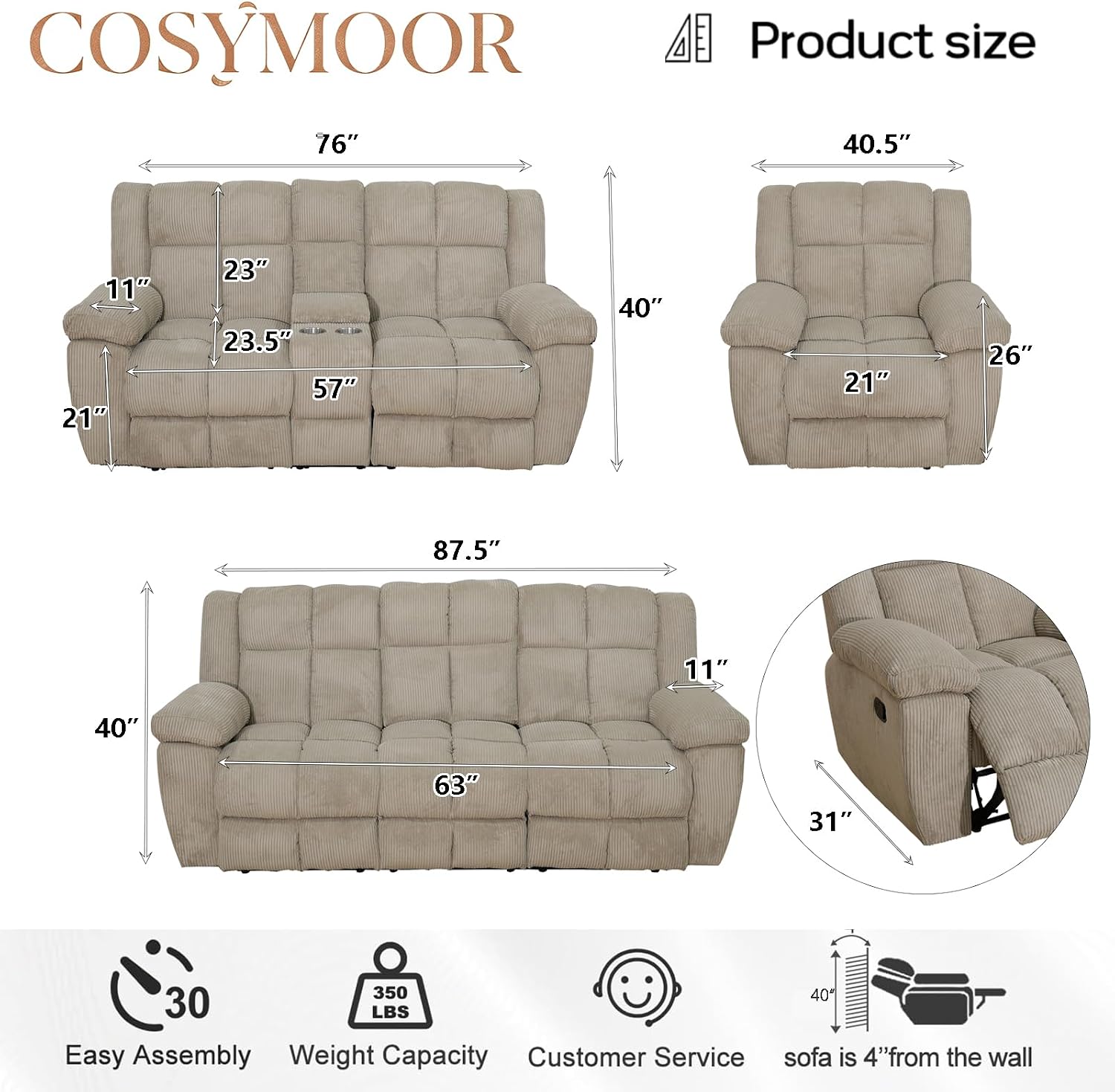 Corduroy Recliner Sofa Set with Cup Holder, 3 Pieces Living Room Furniture Sets, Manual Corduroy Sofa Set with Storage, Modern Reclining Couches for Living Room/Office