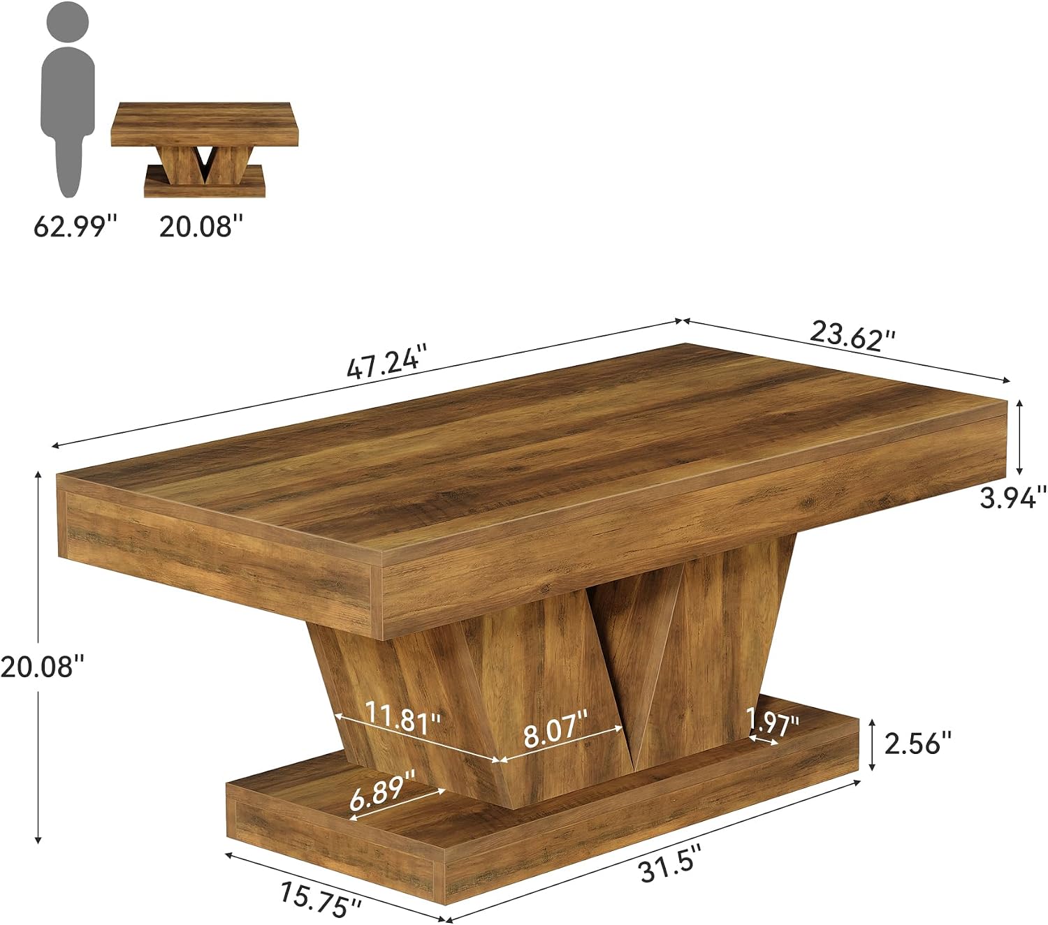 Tribesigns Farmhouse Rectangular Coffee Table, 47.2' Mid-Century Wooden Center Table with Thick Sculptural Base, Modern Rustic Accent Furniture for Living Room, Rustic Brown