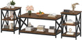 Bigbiglife Living Room Coffee Table Set of 3, Industrial X-Design Coffee Table and 2 End Side Tables, 3 Piece Living Room Table Set with Large Storage for Apartment Home (Dark Rustic Brown)
